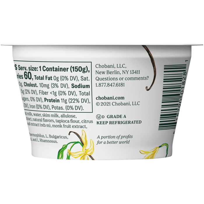 Chobani zero sugar vanilla yogurt nutrition facts